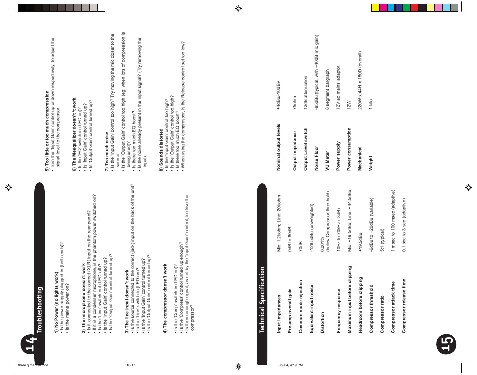 Technical specification, Tr oubleshooting | Joemeek three Q Desktop Channel User Manual | Page 8 / 10