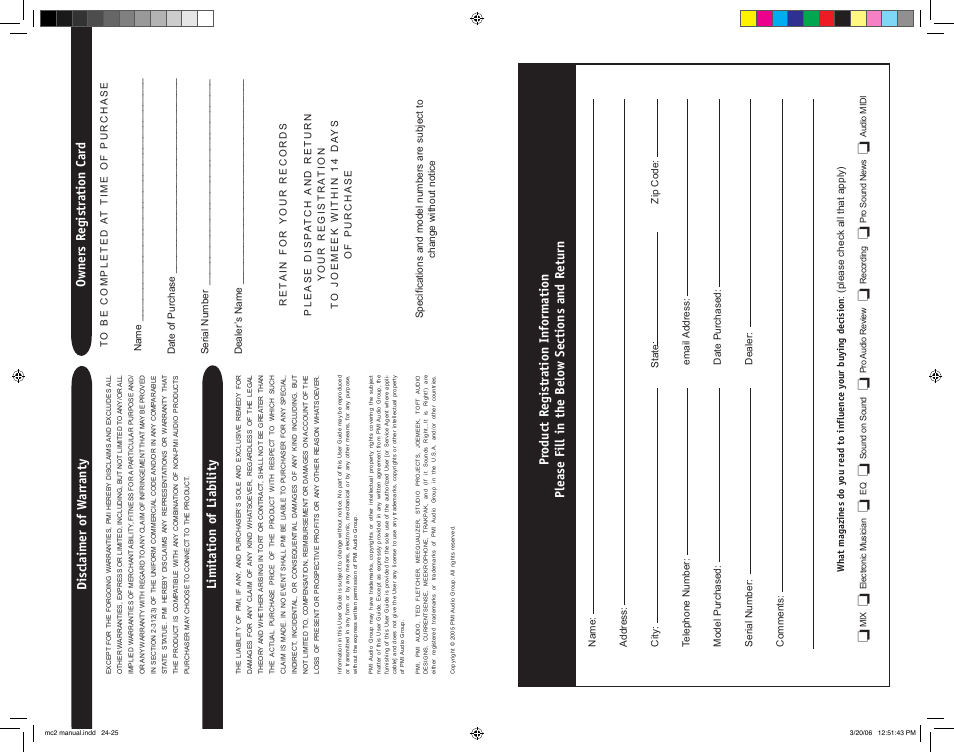 Disclaimer of w arr anty, Limitation of liability, Owner s registr ation car d | Joemeek MC2 Stereo Compressor User Manual | Page 12 / 12