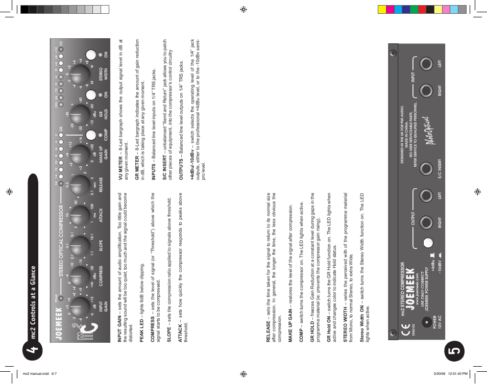 Mc2 contr ols at a glance | Joemeek MC2 Stereo Compressor User Manual | Page 3 / 12