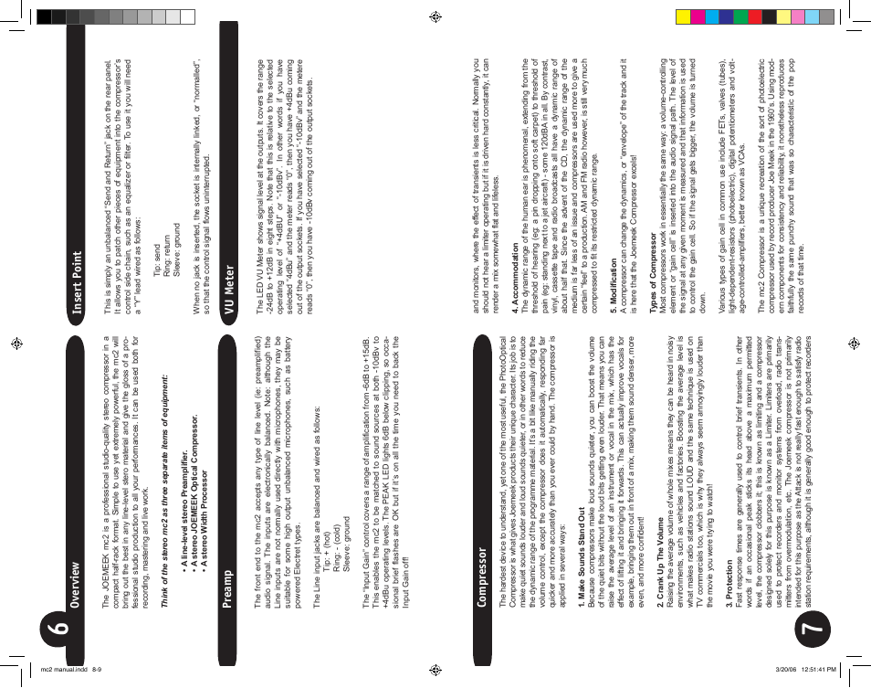 Ov ervie w, Pr eamp, Compr essor | Insert point, Vu meter | Joemeek MC2 Stereo Compressor User Manual | Page 4 / 12