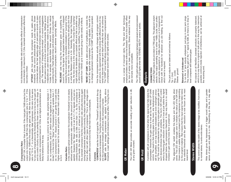 Gr meter, Gr hold, Ster eo width | Outputs | Joemeek MC2 Stereo Compressor User Manual | Page 5 / 12