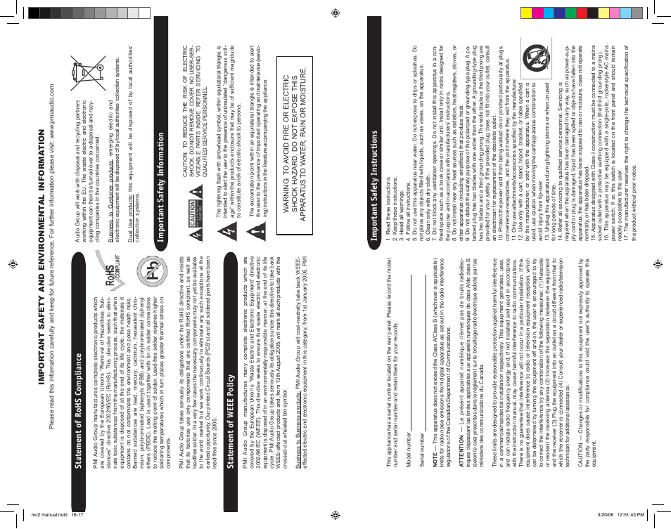 Important safety inf ormation, Statement of rohs compliance, Statement o f weee p olic y | Important safety instructions | Joemeek MC2 Stereo Compressor User Manual | Page 8 / 12