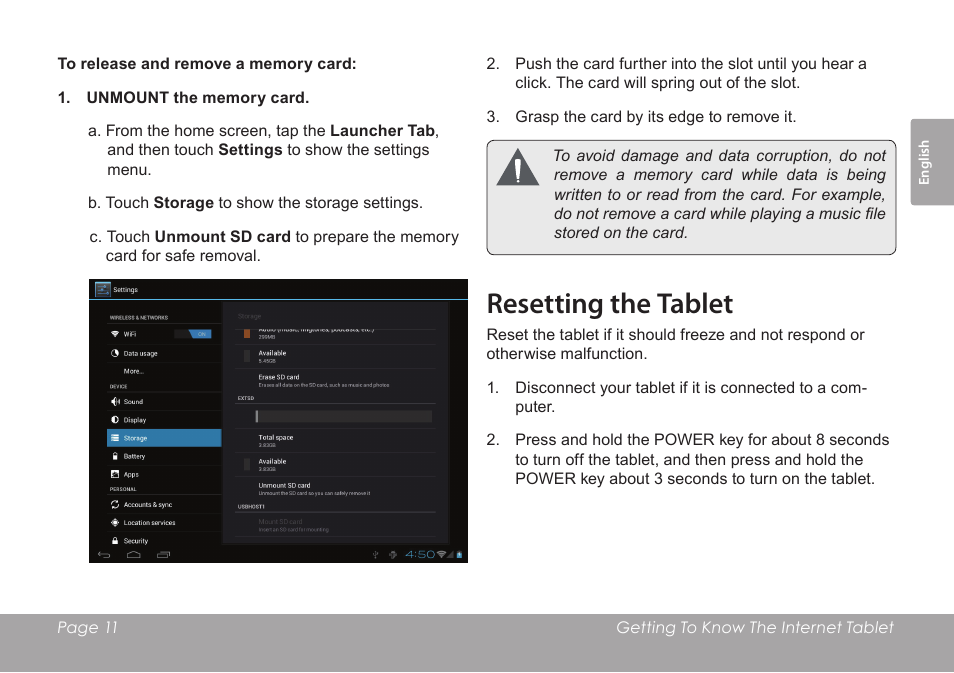 Resetting the tablet | COBY electronic KYROS MID9742 User Manual | Page 11 / 124