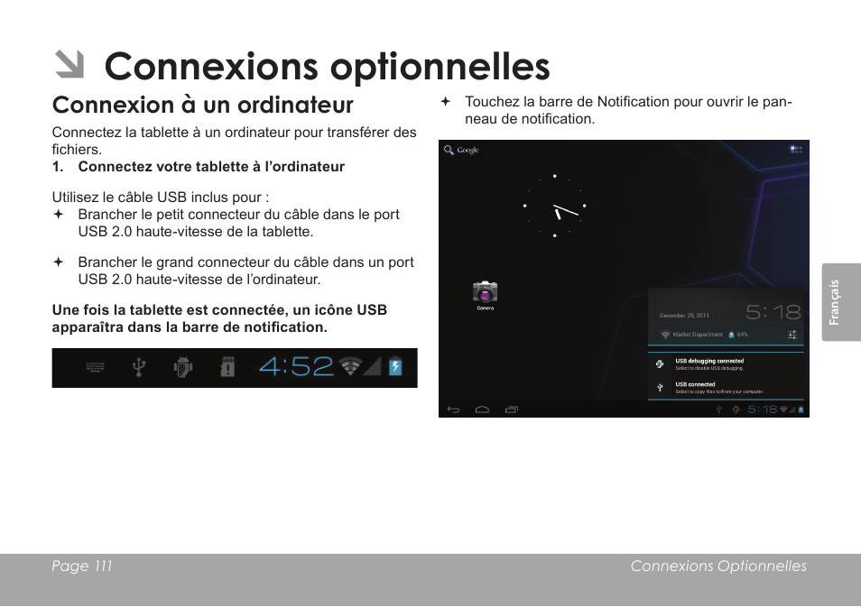 Connexions optionnelles, Connexion à un ordinateur | COBY electronic KYROS MID9742 User Manual | Page 111 / 124