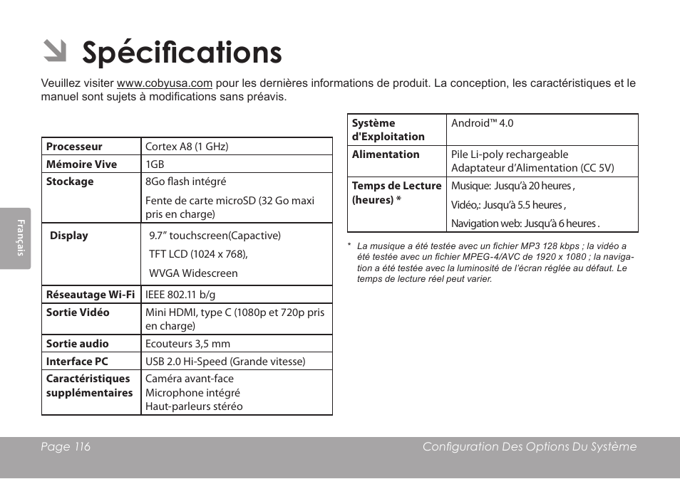 Spécifications | COBY electronic KYROS MID9742 User Manual | Page 116 / 124