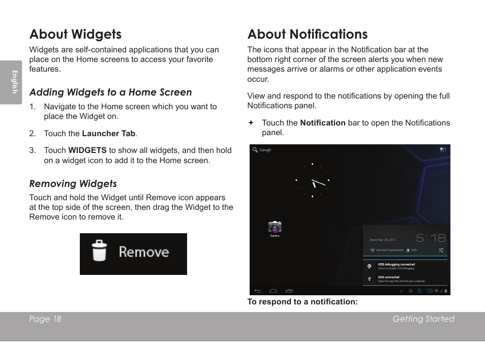 About widgets, About notifications | COBY electronic KYROS MID9742 User Manual | Page 18 / 124