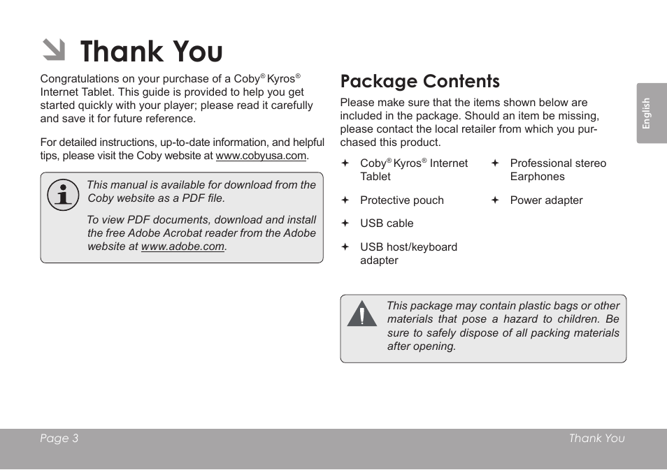 Package contents | COBY electronic KYROS MID9742 User Manual | Page 3 / 124