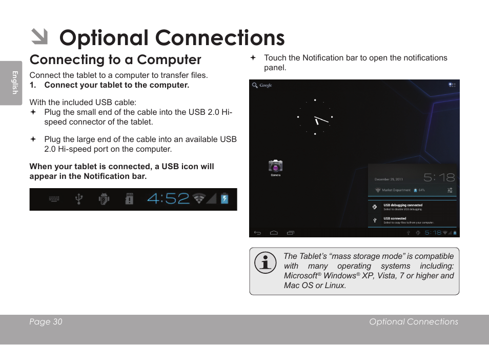 Optional connections, Connecting to a computer | COBY electronic KYROS MID9742 User Manual | Page 30 / 124