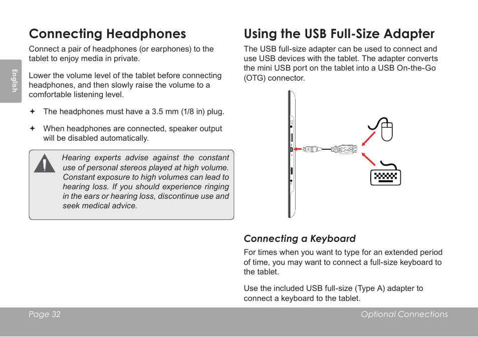 Connecting headphones, Using the usb full-size adapter | COBY electronic KYROS MID9742 User Manual | Page 32 / 124