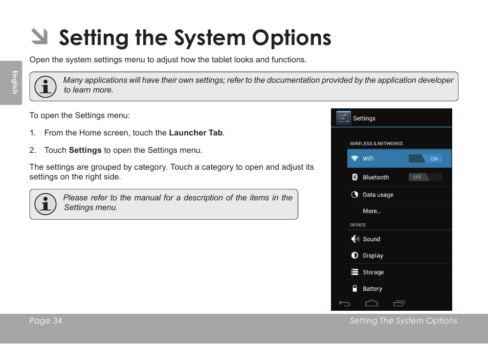 Setting the system options | COBY electronic KYROS MID9742 User Manual | Page 34 / 124