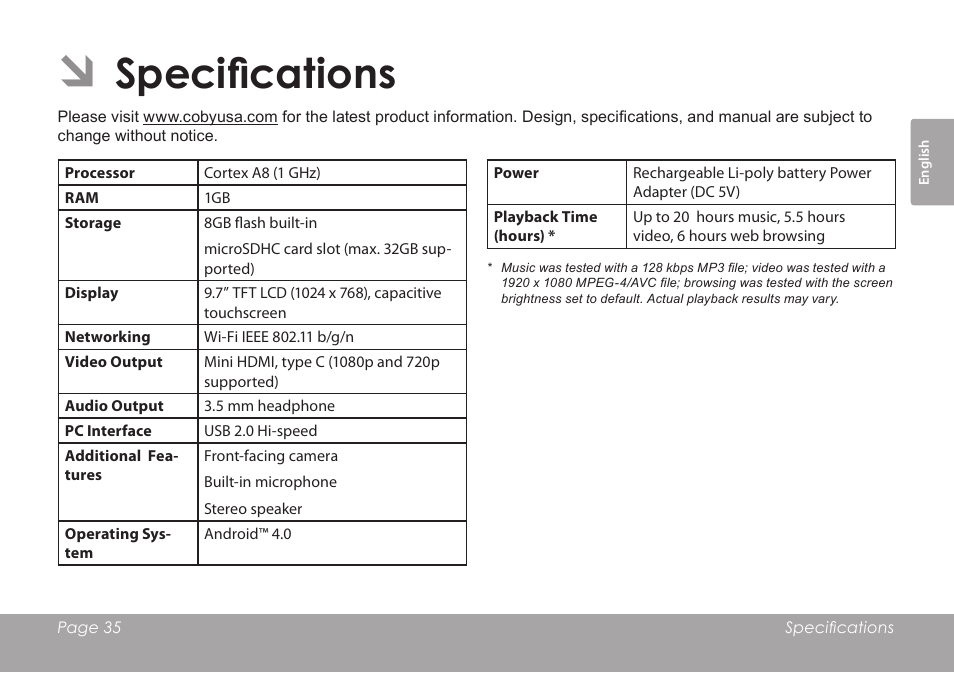 Specifications | COBY electronic KYROS MID9742 User Manual | Page 35 / 124