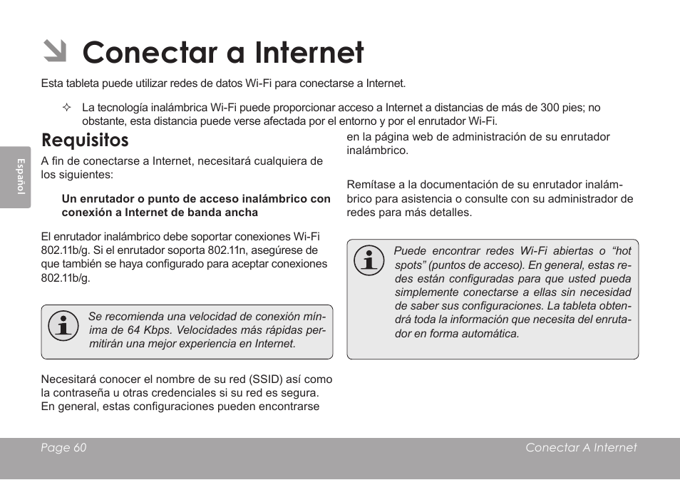 Conectar a internet, Requisitos | COBY electronic KYROS MID9742 User Manual | Page 60 / 124