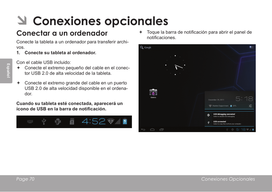 Conexiones opcionales, Conectar a un ordenador | COBY electronic KYROS MID9742 User Manual | Page 70 / 124