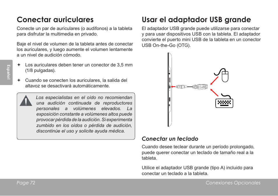 Conectar auriculares, Usar el adaptador usb grande | COBY electronic KYROS MID9742 User Manual | Page 72 / 124