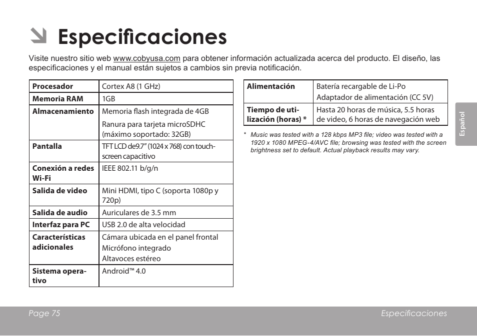 Especificaciones | COBY electronic KYROS MID9742 User Manual | Page 75 / 124