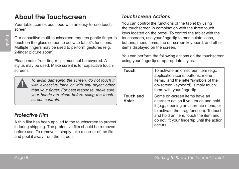About the touchscreen | COBY electronic KYROS MID9742 User Manual | Page 8 / 124
