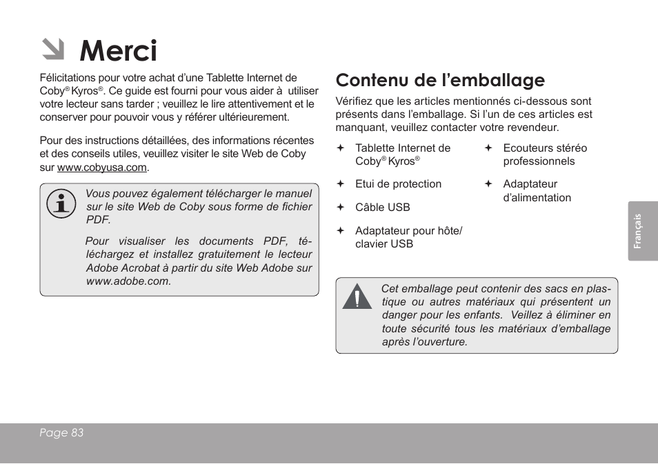 Merci, Contenu de l’emballage | COBY electronic KYROS MID9742 User Manual | Page 83 / 124