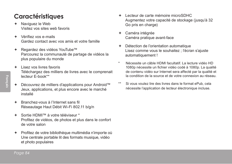 Caractéristiques | COBY electronic KYROS MID9742 User Manual | Page 84 / 124