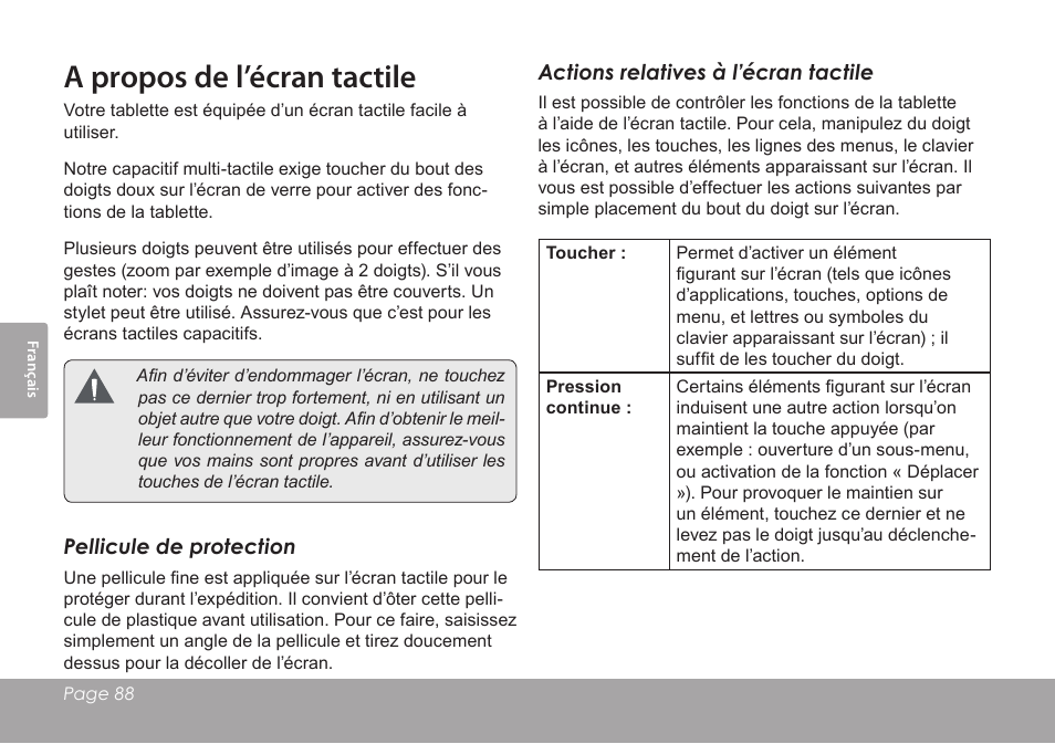 A propos de l’écran tactile | COBY electronic KYROS MID9742 User Manual | Page 88 / 124