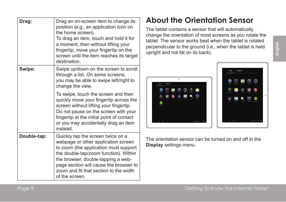 About the orientation sensor | COBY electronic KYROS MID9742 User Manual | Page 9 / 124