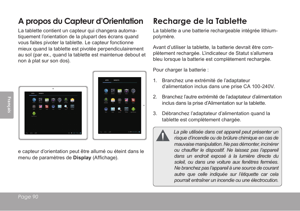 A propos du capteur d’orientation, Recharge de la tablette | COBY electronic KYROS MID9742 User Manual | Page 90 / 124
