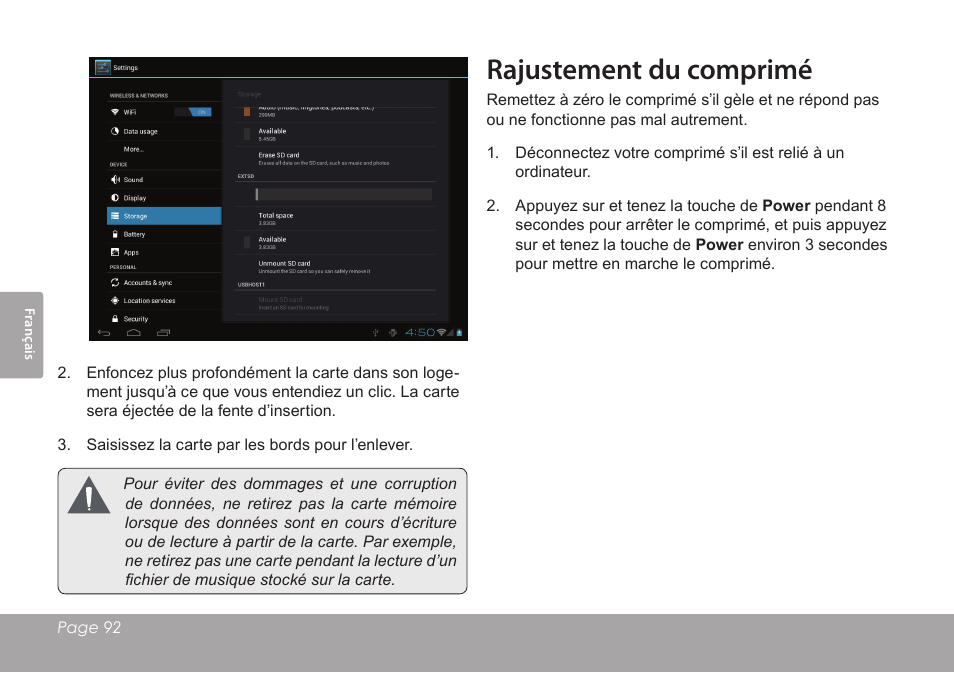 Rajustement du comprimé | COBY electronic KYROS MID9742 User Manual | Page 92 / 124