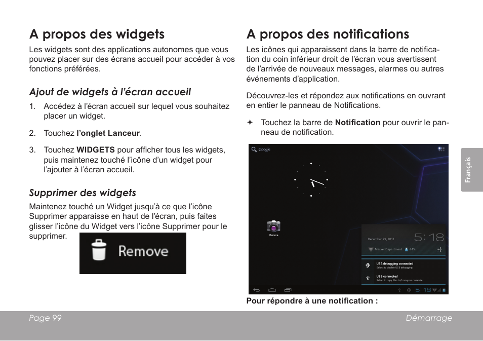 A propos des widgets, A propos des notifications | COBY electronic KYROS MID9742 User Manual | Page 99 / 124