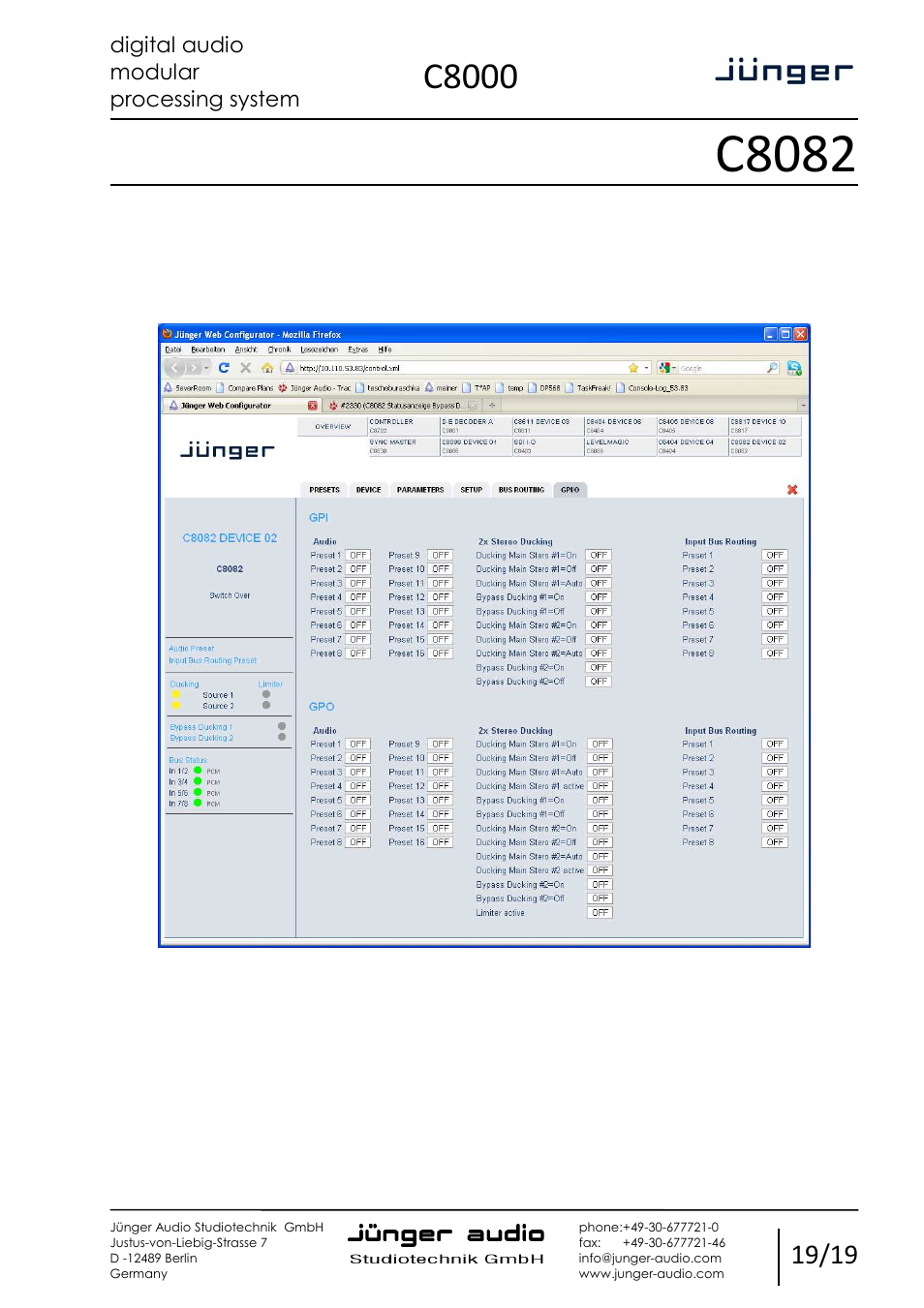 C8082, C8000 | Junger Audio C8082 - Switch Over / Ducker User Manual | Page 19 / 19