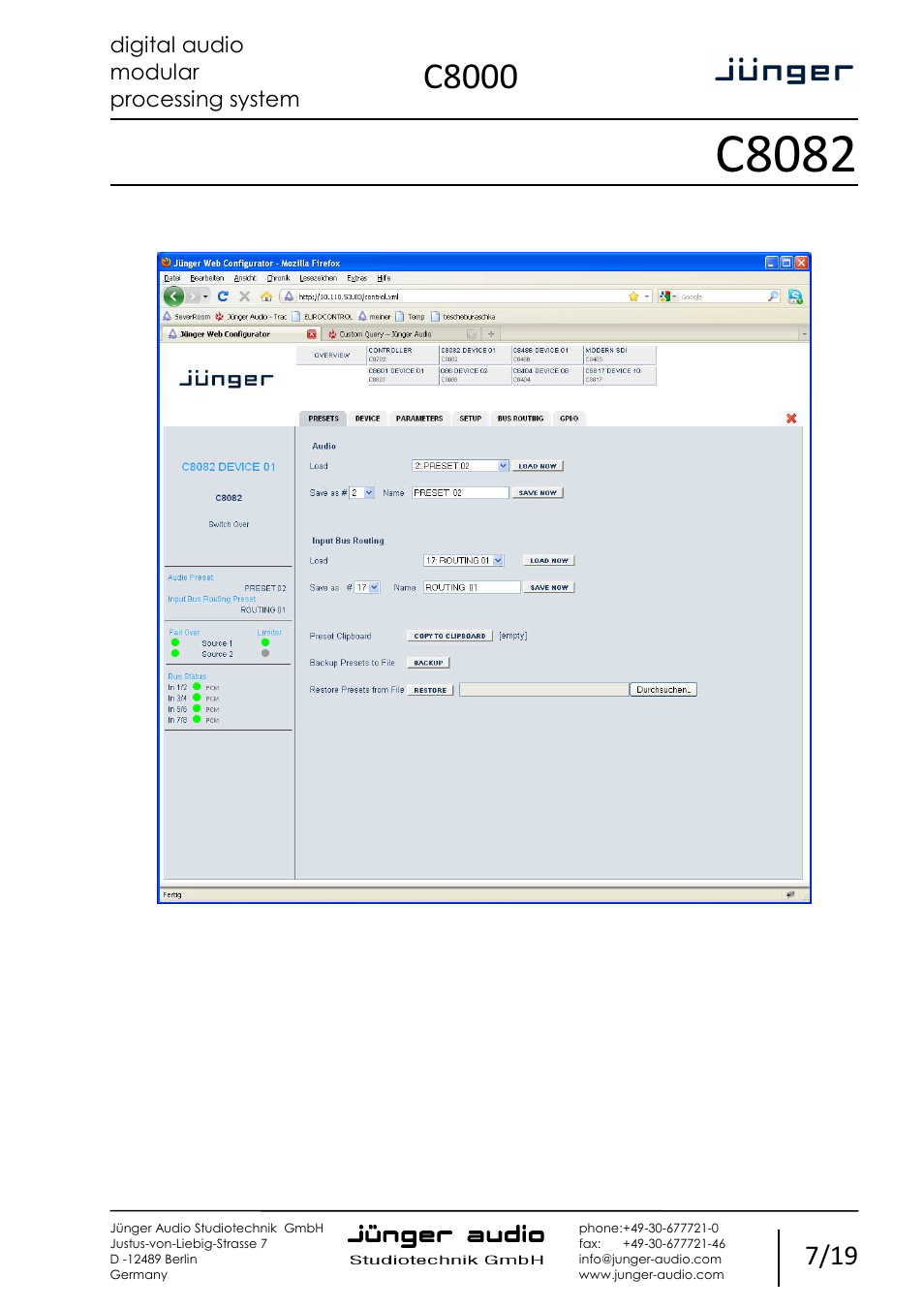 C8082, C8000, Digital audio modular processing system | Switch over & ducking | Junger Audio C8082 - Switch Over / Ducker User Manual | Page 7 / 19