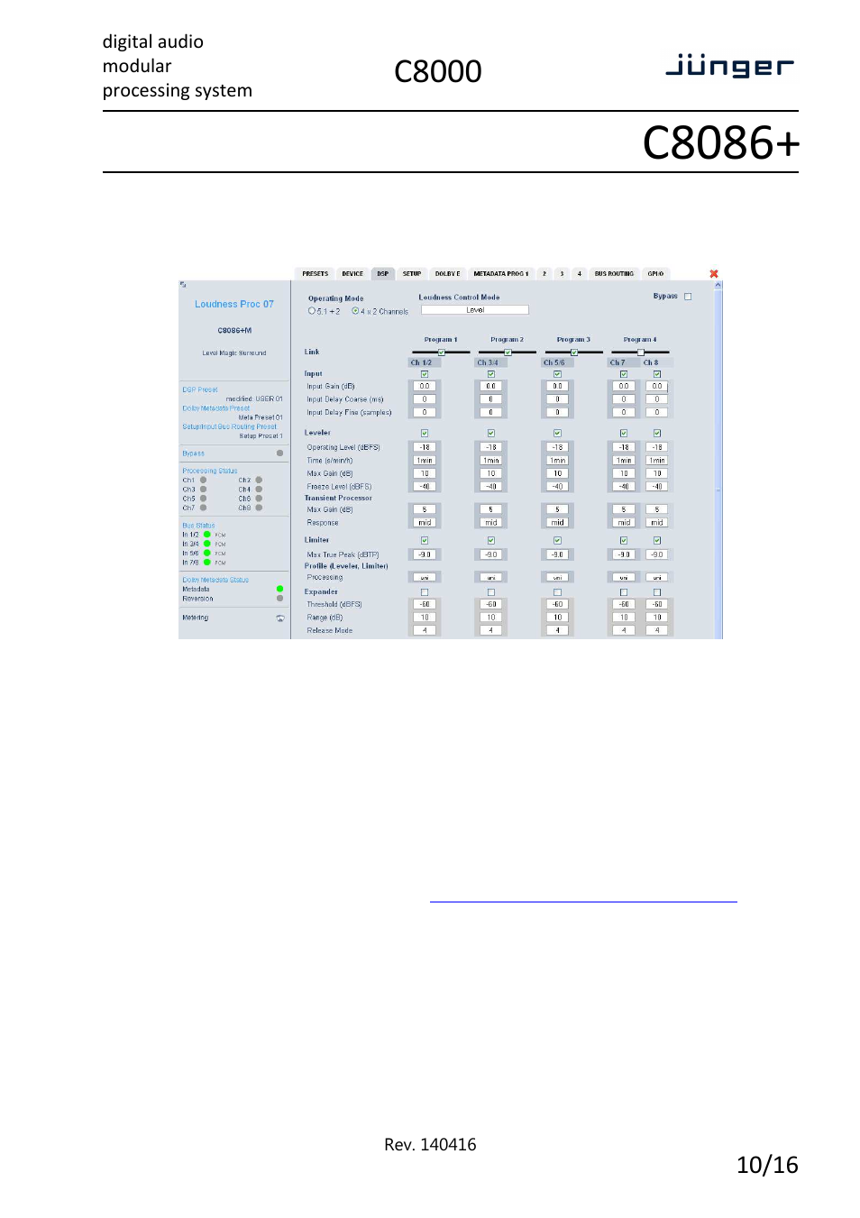 C8086, C8000, Digital audio modular processing system | Enhanced 8 channel level magicii™ processor | Junger Audio C8086+ - Level Magic II ™ processor User Manual | Page 10 / 16