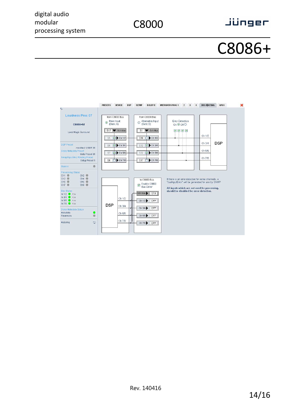 C8086, C8000, Digital audio modular processing system | Enhanced 8 channel level magicii™ processor | Junger Audio C8086+ - Level Magic II ™ processor User Manual | Page 14 / 16