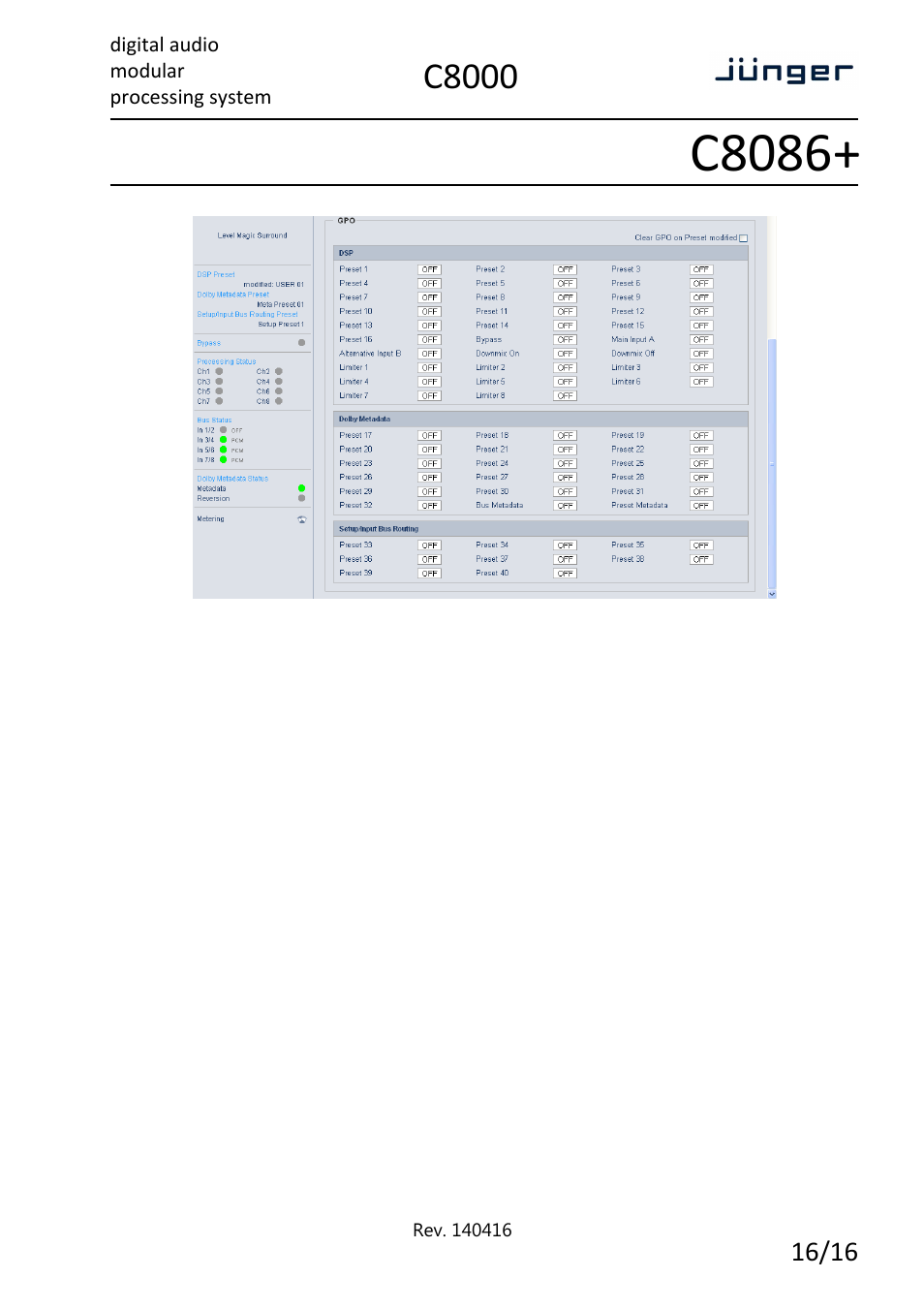 C8086, C8000 | Junger Audio C8086+ - Level Magic II ™ processor User Manual | Page 16 / 16