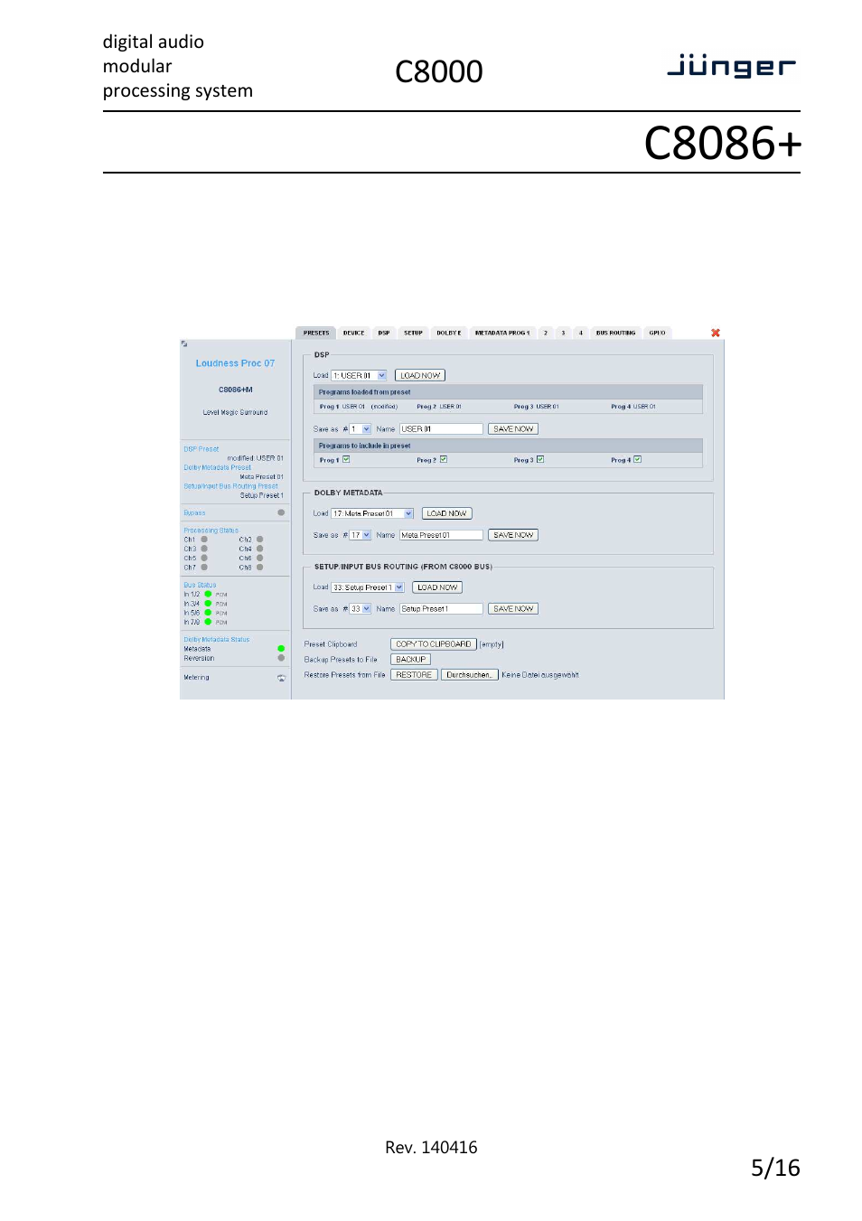 C8086, C8000, Digital audio modular processing system | Enhanced 8 channel level magicii™ processor | Junger Audio C8086+ - Level Magic II ™ processor User Manual | Page 5 / 16