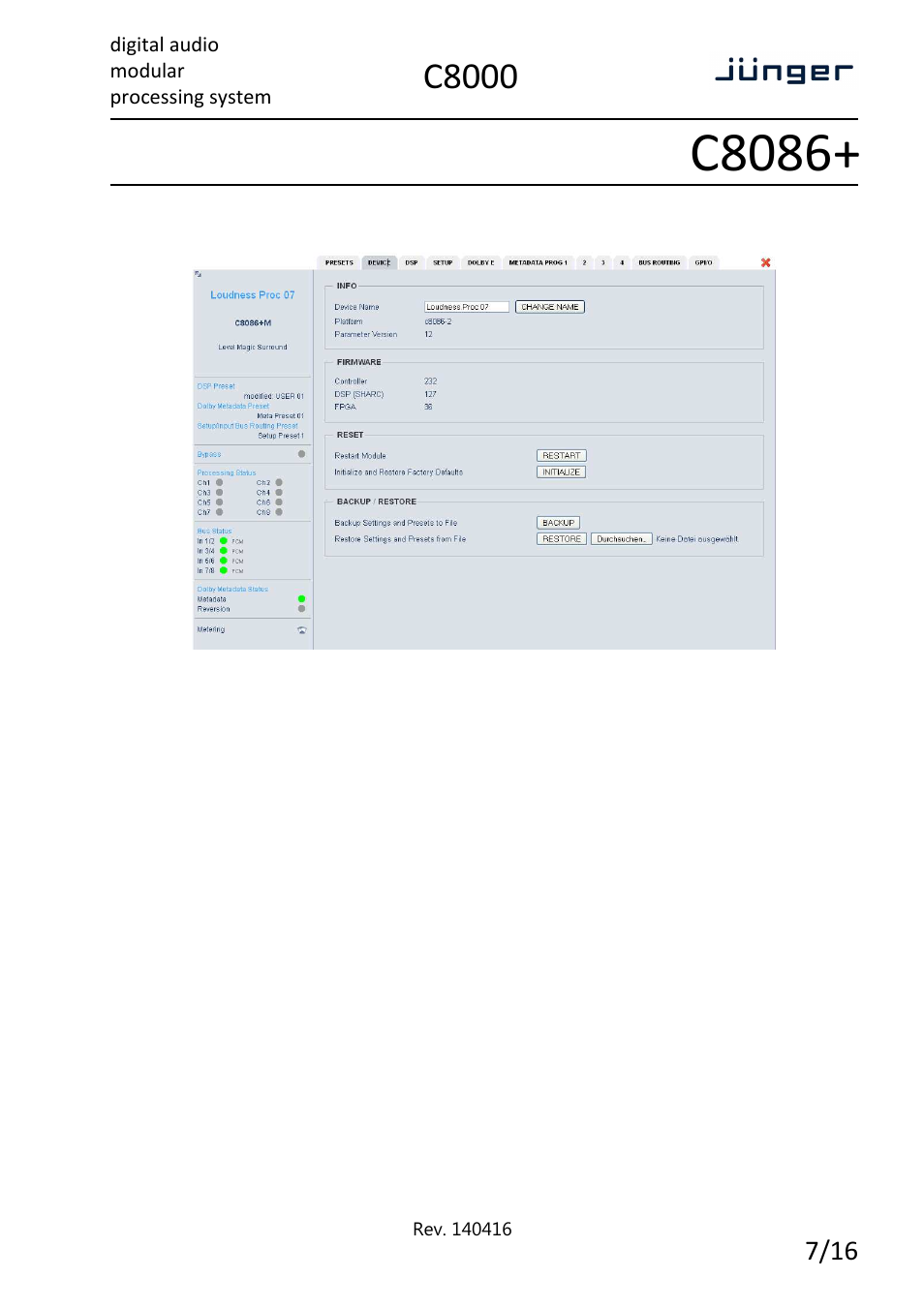 C8086, C8000, Digital audio modular processing system | Enhanced 8 channel level magicii™ processor | Junger Audio C8086+ - Level Magic II ™ processor User Manual | Page 7 / 16
