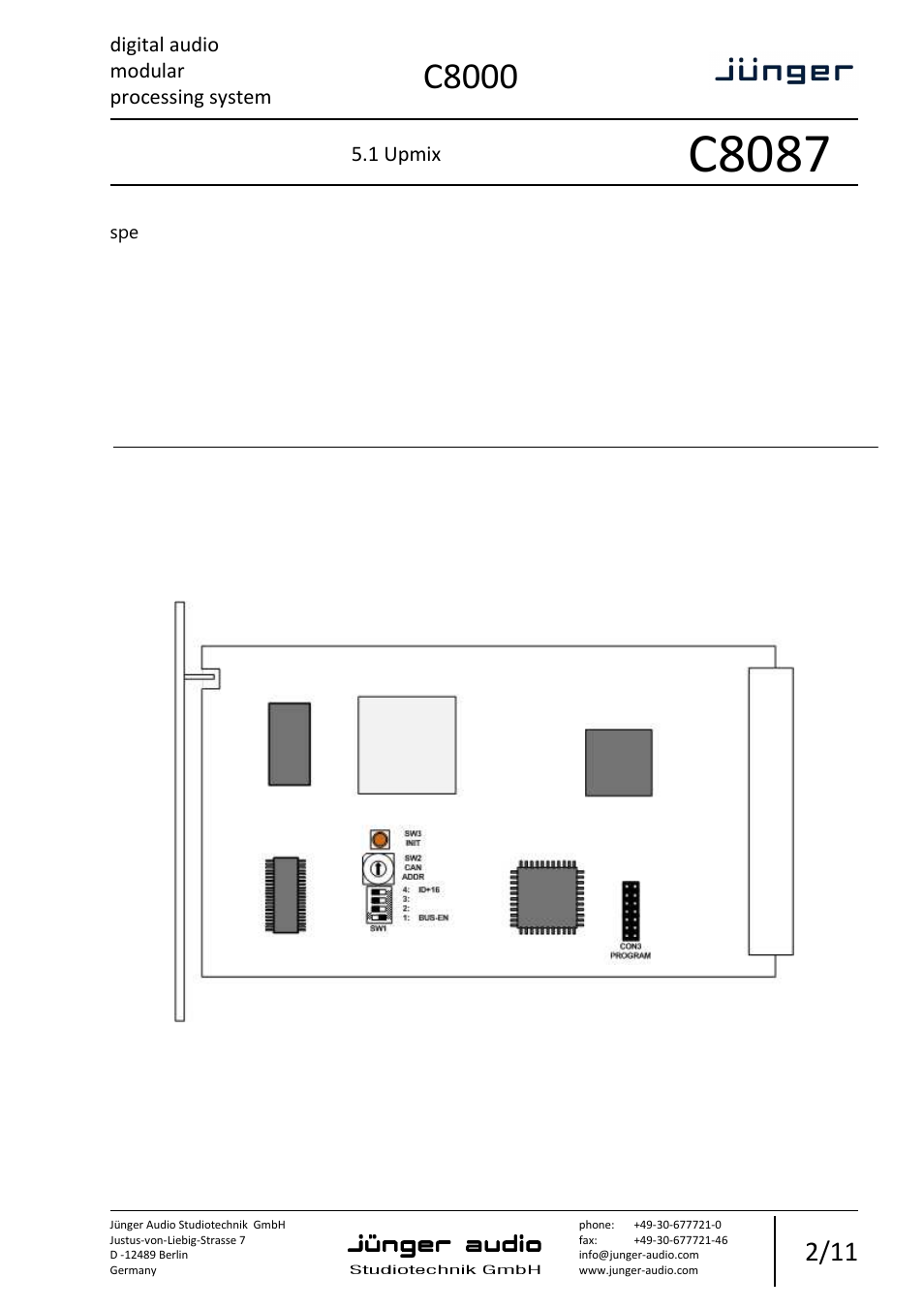 C8087, C8000, Digital audio modular processing system | 1 upmix | Junger Audio C8087 - 5.1 Upmix User Manual | Page 2 / 11