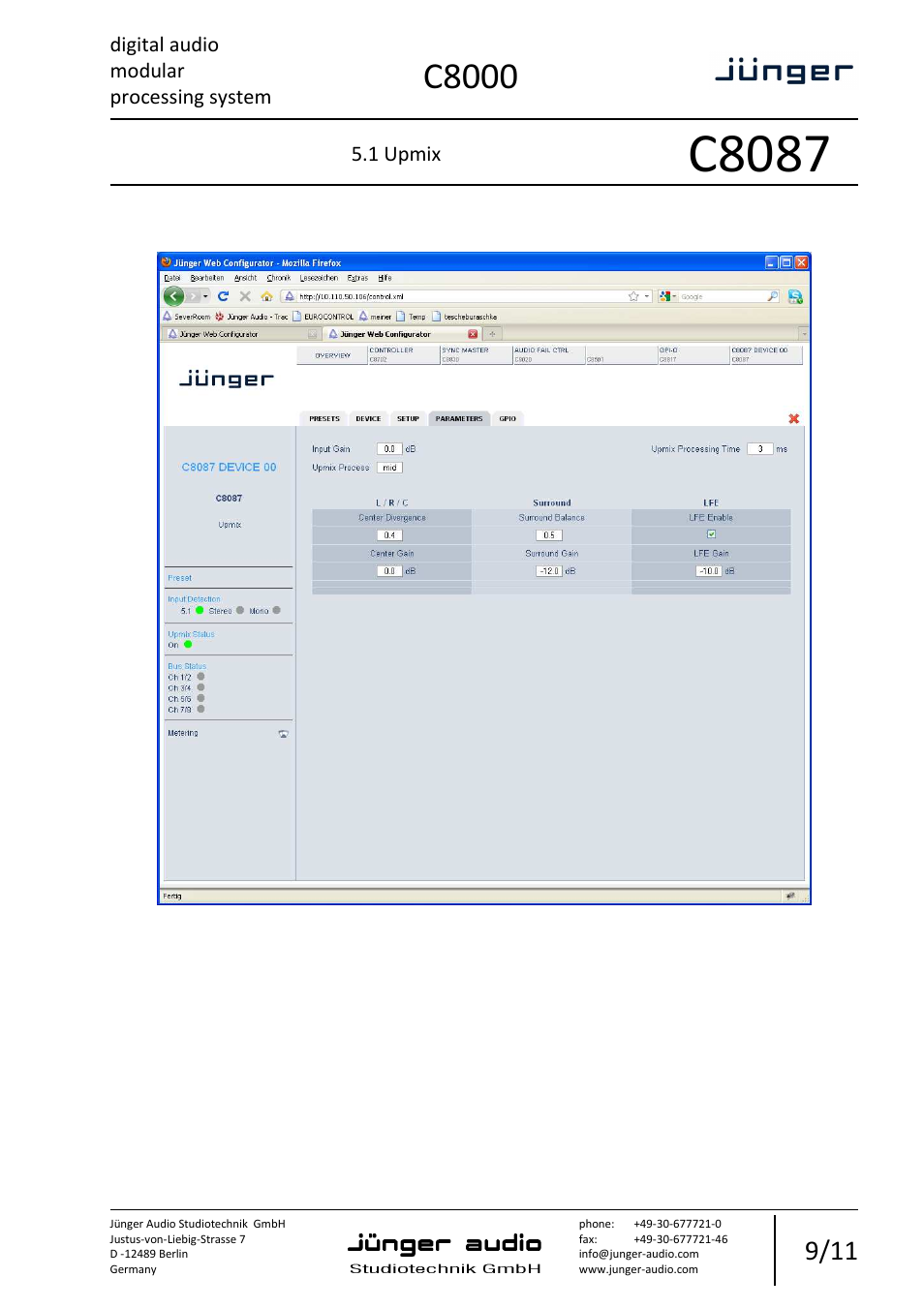 C8087, C8000, Digital audio modular processing system | 1 upmix | Junger Audio C8087 - 5.1 Upmix User Manual | Page 9 / 11