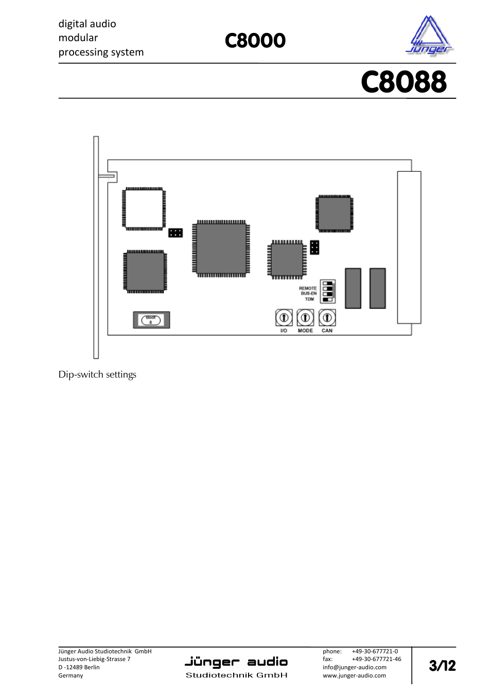 C8088, C8000, Digital audio modular processing system | 8 channel mix matrix with limiter | Junger Audio C8088 - Mix-Matrix & Limiter User Manual | Page 3 / 12