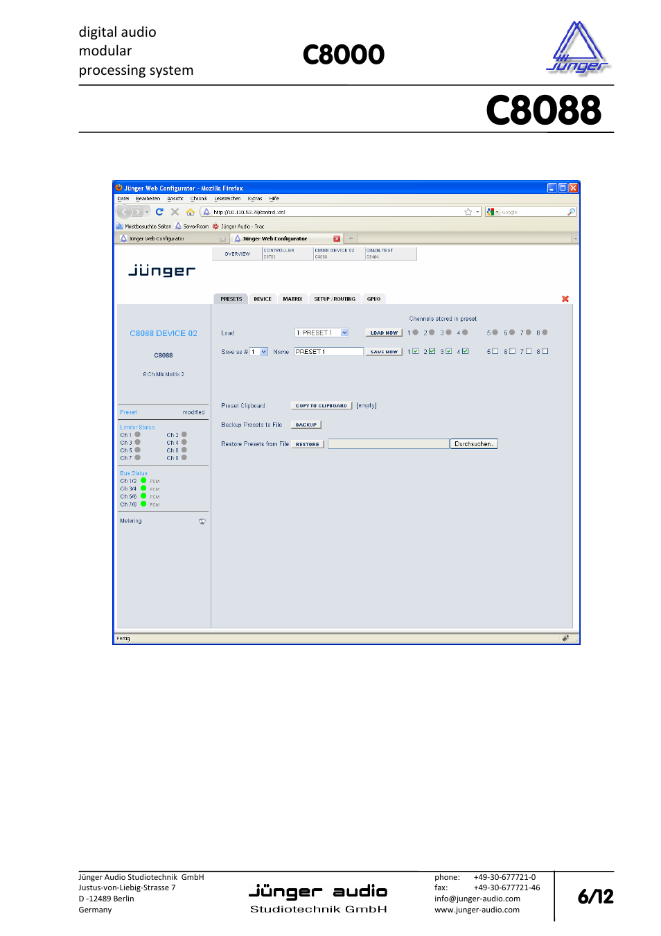 C8088, C8000, Digital audio modular processing system | 8 channel mix matrix with limiter | Junger Audio C8088 - Mix-Matrix & Limiter User Manual | Page 6 / 12