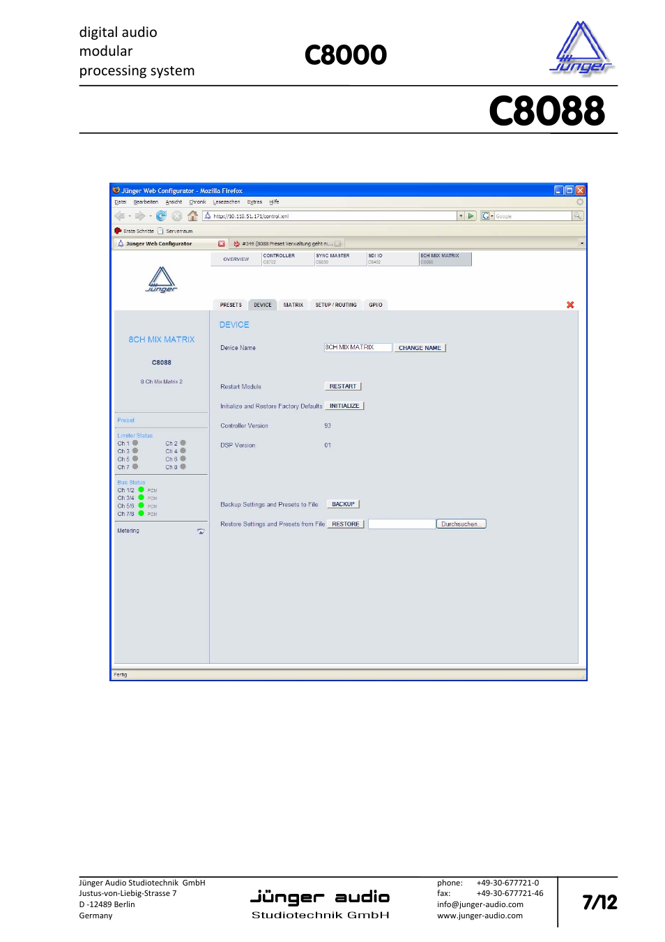 C8088, C8000, Digital audio modular processing system | 8 channel mix matrix with limiter | Junger Audio C8088 - Mix-Matrix & Limiter User Manual | Page 7 / 12