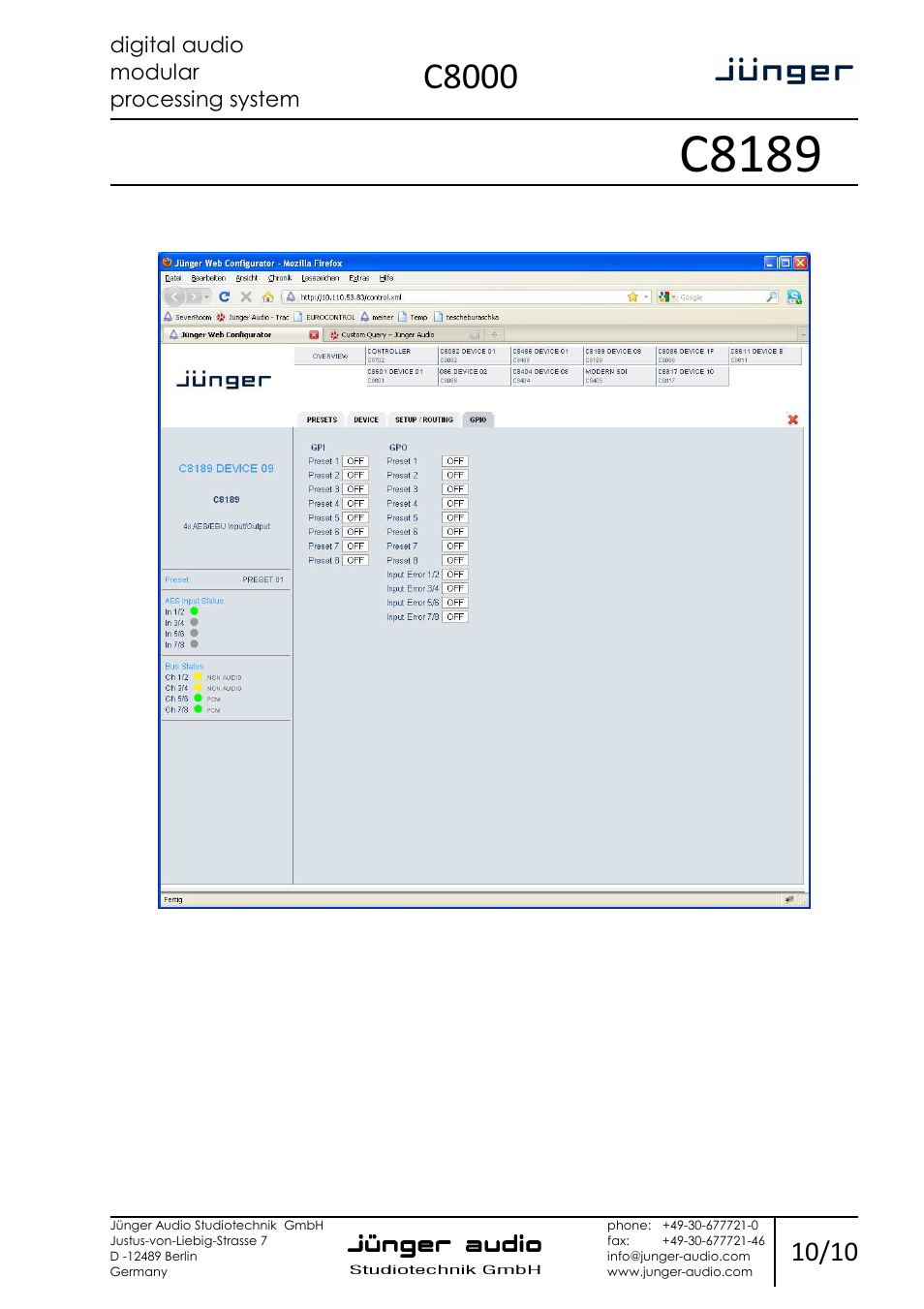 C8189, C8000 | Junger Audio C8189 - AES/EBU I/O on BNC User Manual | Page 10 / 10