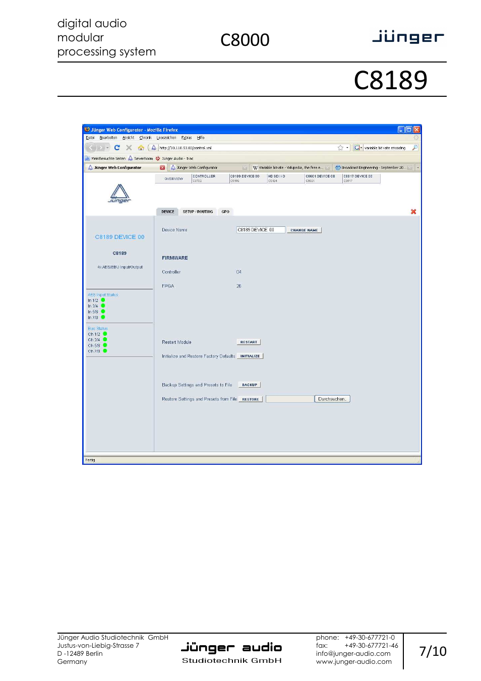 C8189, C8000, Digital audio modular processing system | 4 channel unbalanced aes/ebu i/o | Junger Audio C8189 - AES/EBU I/O on BNC User Manual | Page 7 / 10