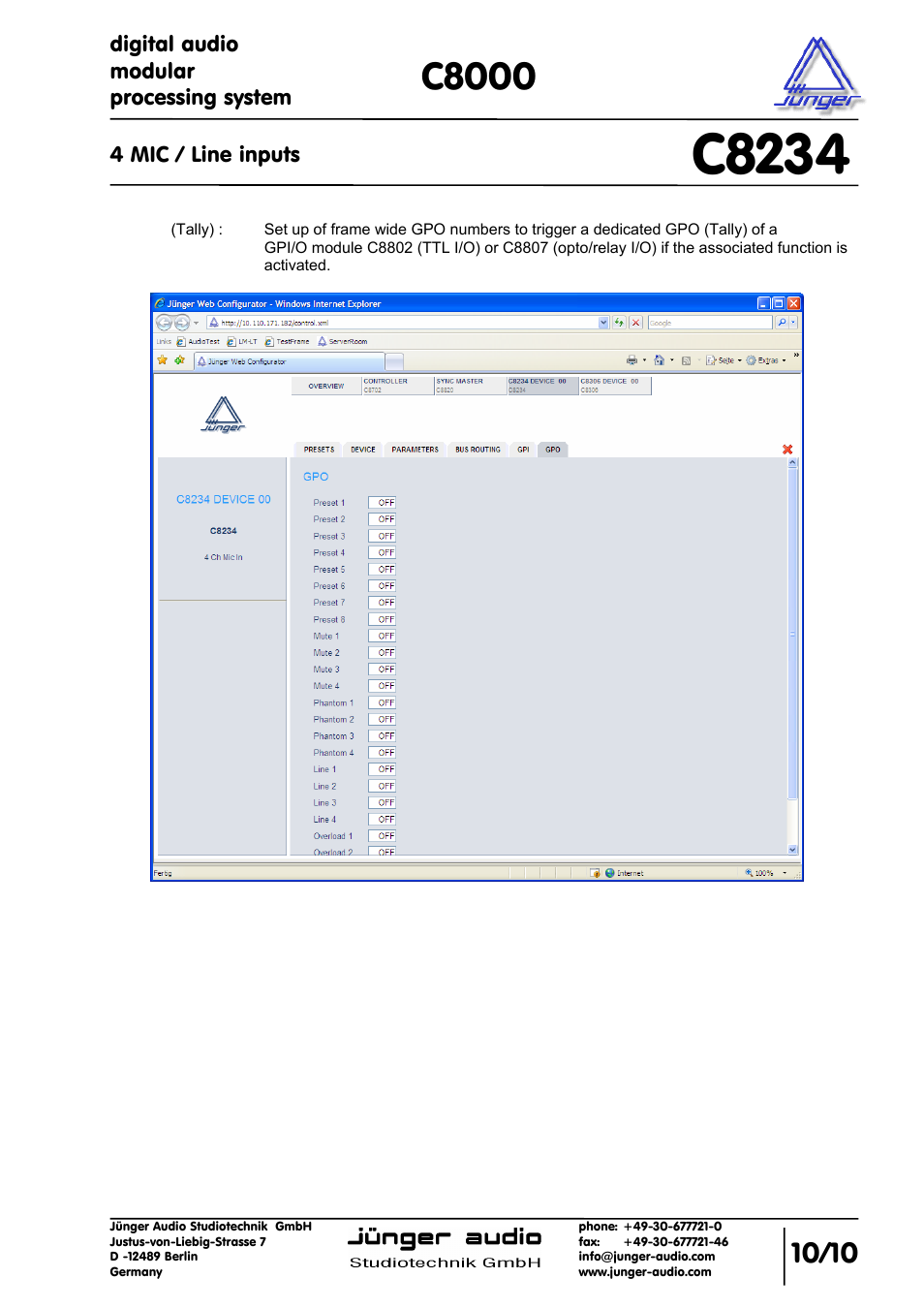 C8234, C8000 | Junger Audio C8234 - Microphone In User Manual | Page 10 / 10