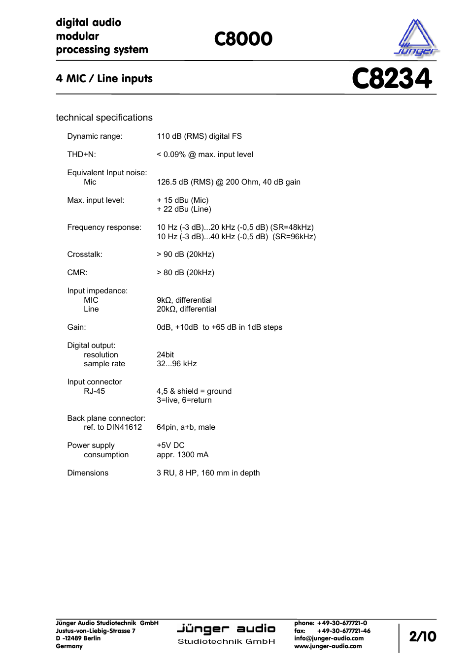 C8234, C8000, Digital audio modular processing system | 4 mic / line inputs | Junger Audio C8234 - Microphone In User Manual | Page 2 / 10
