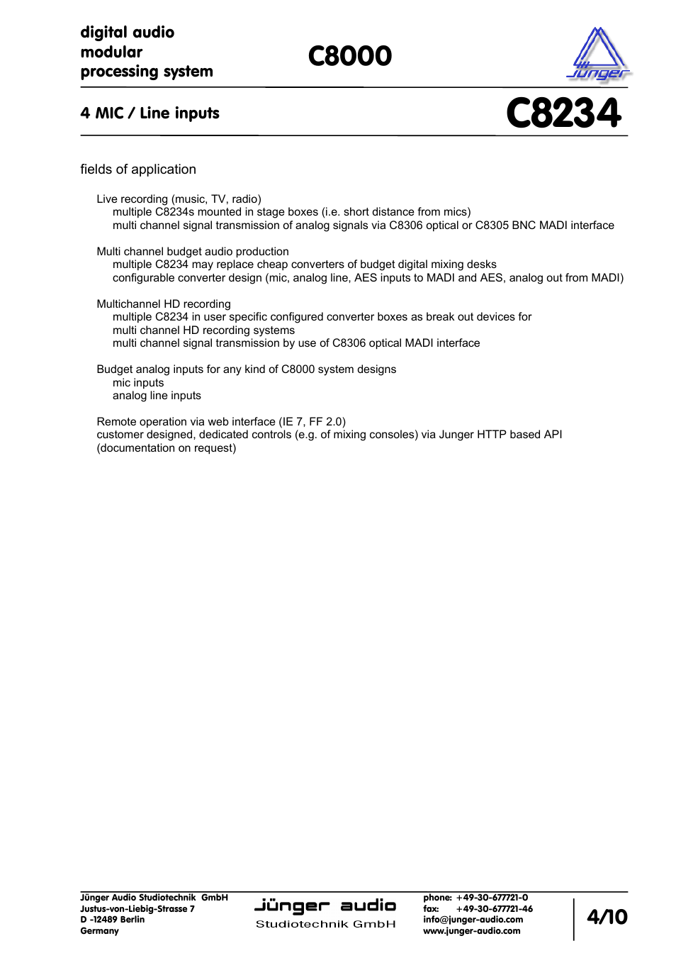 C8234, C8000 | Junger Audio C8234 - Microphone In User Manual | Page 4 / 10