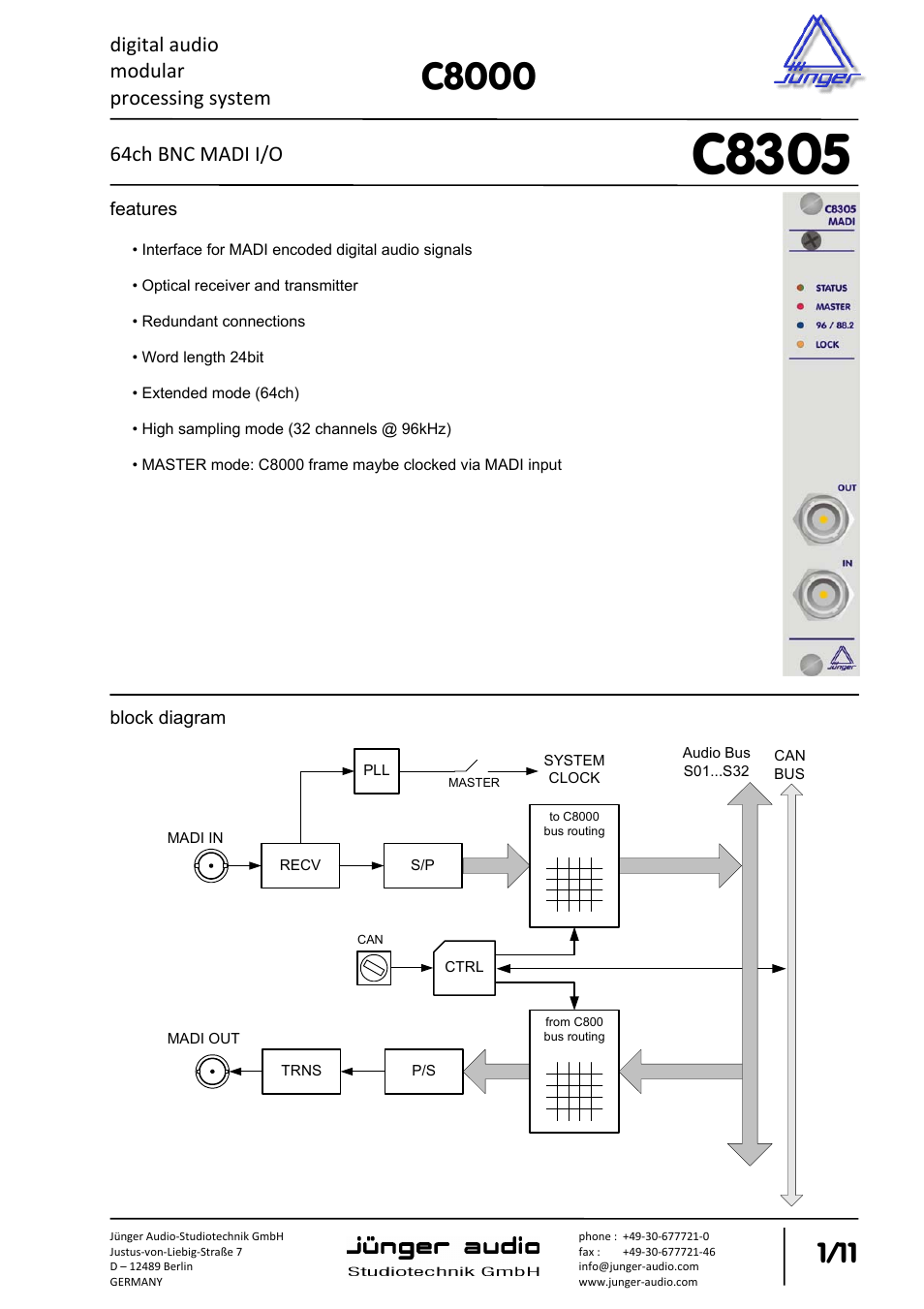 Junger Audio C8305 - MADI (BNC) User Manual | 11 pages