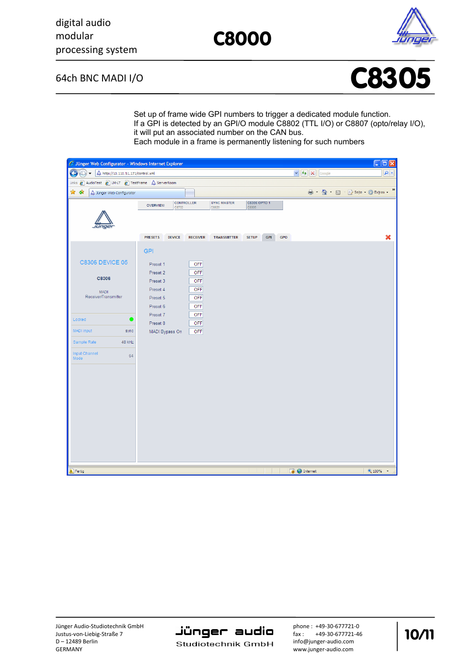 C8305, C8000 | Junger Audio C8305 - MADI (BNC) User Manual | Page 10 / 11