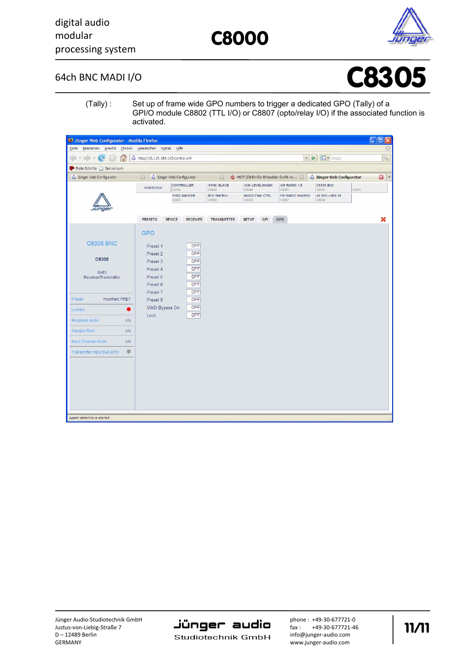 C8305, C8000 | Junger Audio C8305 - MADI (BNC) User Manual | Page 11 / 11