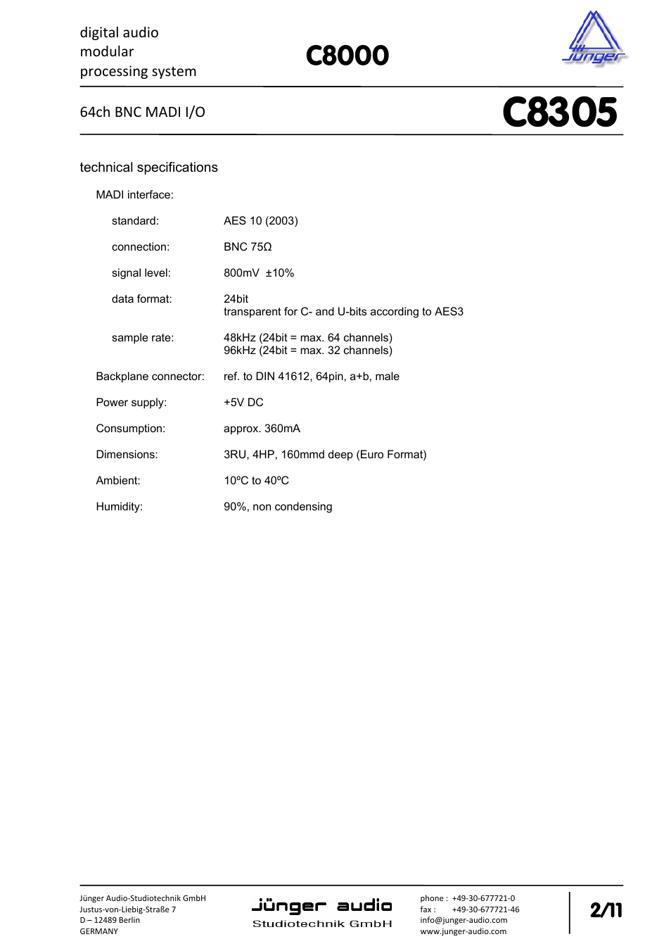 C8305, C8000, Digital audio modular processing system | 64ch bnc madi i/o | Junger Audio C8305 - MADI (BNC) User Manual | Page 2 / 11