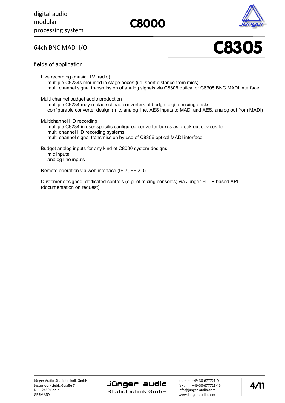 C8305, C8000 | Junger Audio C8305 - MADI (BNC) User Manual | Page 4 / 11