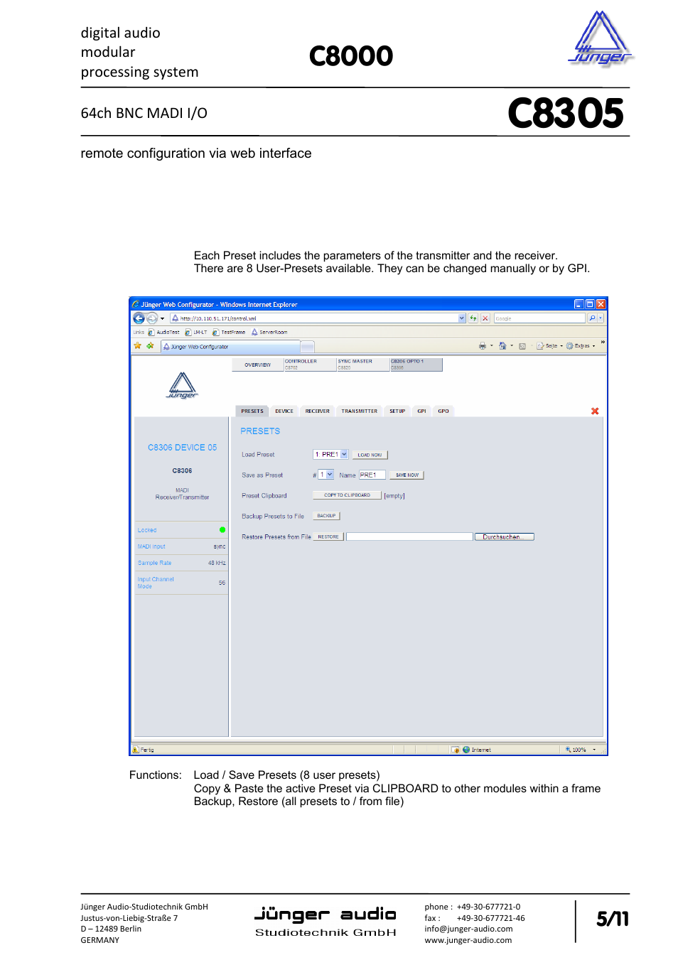 C8305, C8000 | Junger Audio C8305 - MADI (BNC) User Manual | Page 5 / 11